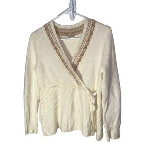 Infinity Maternity Faux Wrap Sweater Sz M Cream Beaded Angora Wool Blend